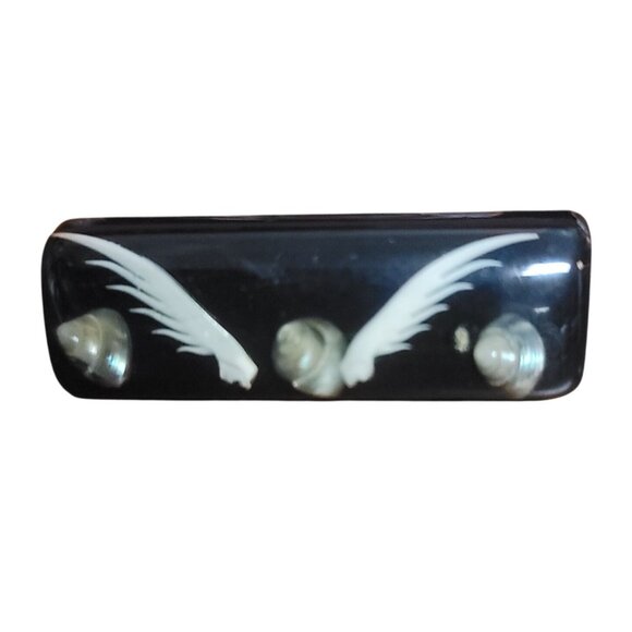 Vintage Black Lacquer Gold Tie Clip Shell Mother of Pearl Feather Inlay Design - Picture 7 of 10